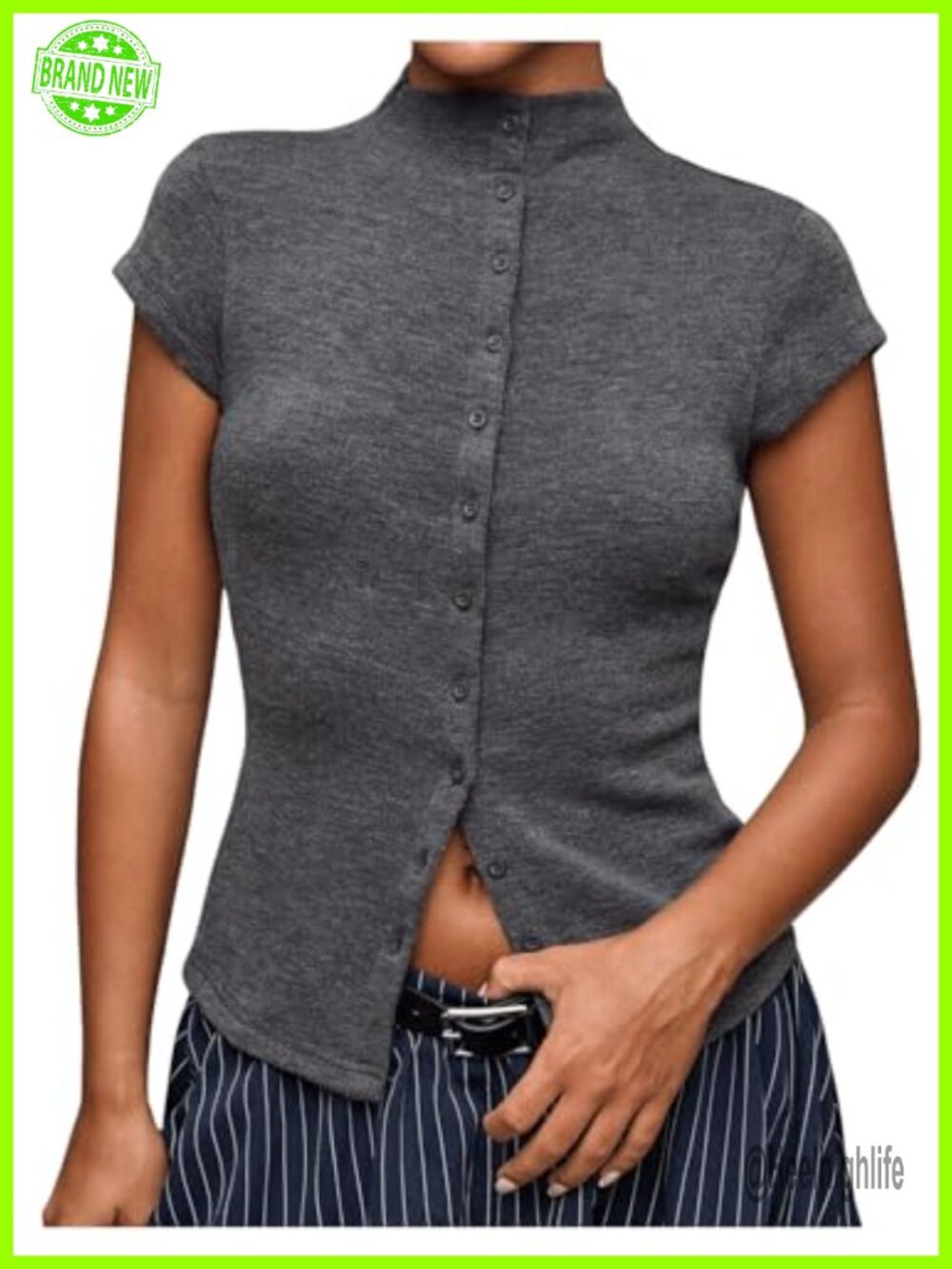 Cap Sleeve Mock Neck Button Down Knit Sweater Top Slim Fit Women